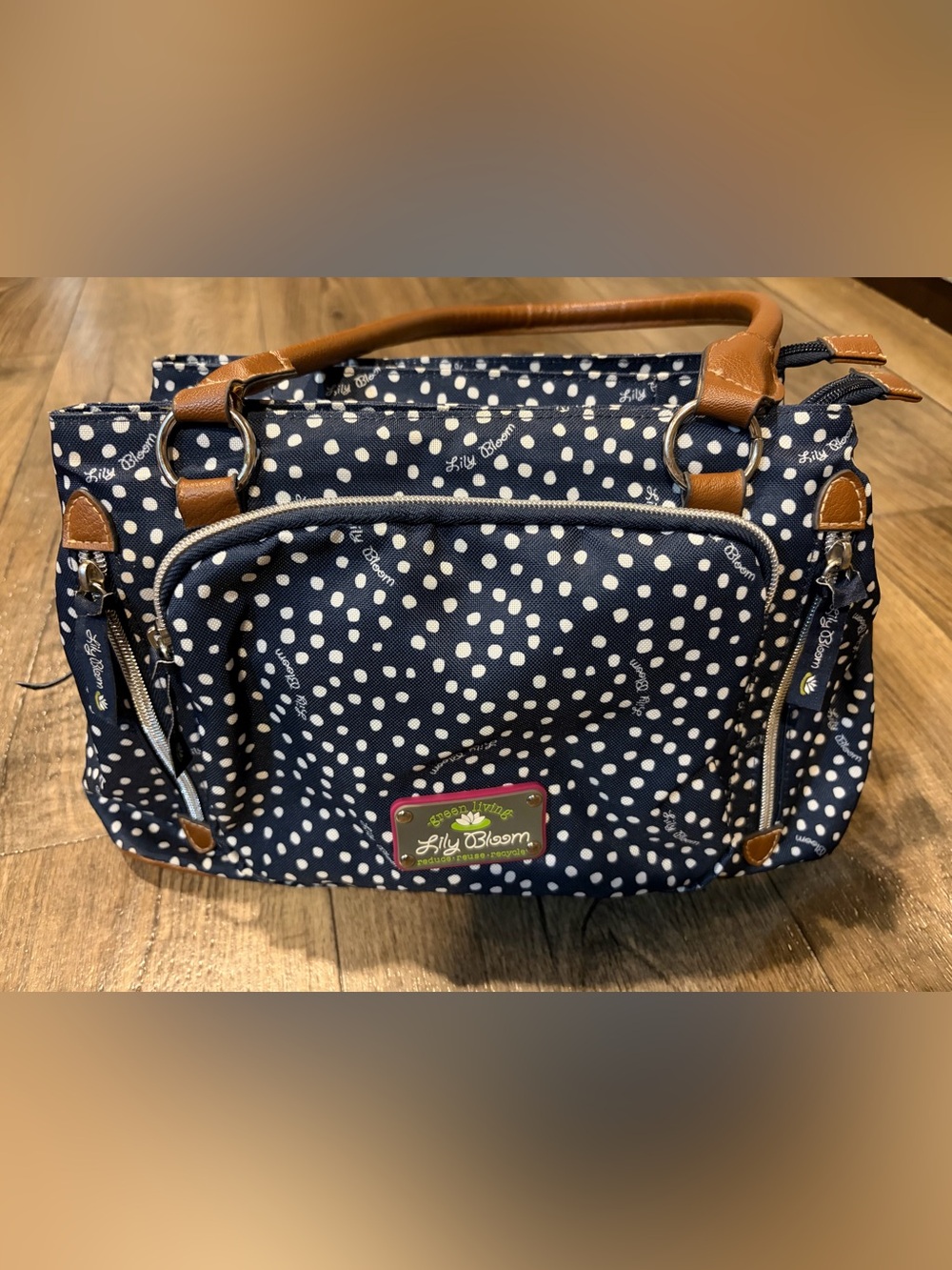 Lily Bloom  Green Living Navy & White Polka Dot Shoulder 100% Recycled Materials